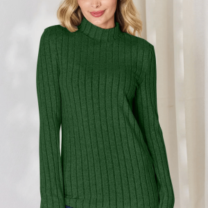 Full Size Ribbed Mock Neck Long Sleeve Green T-Shirt